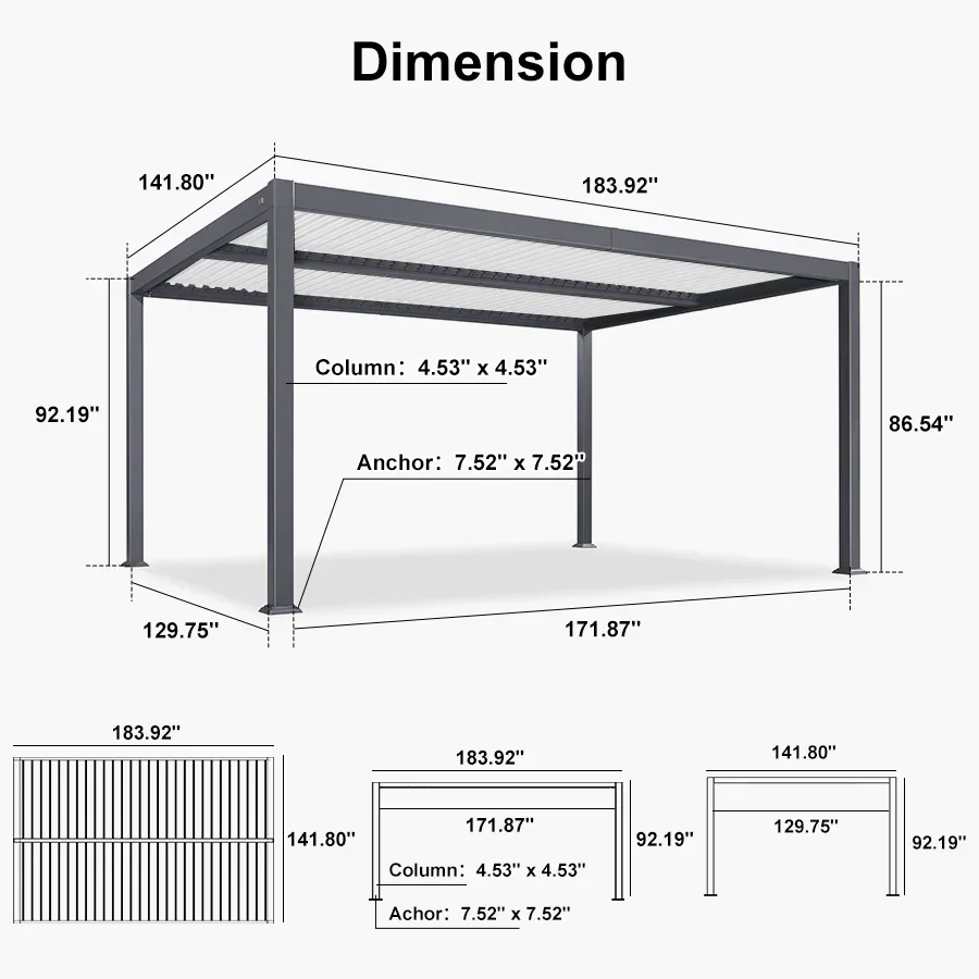 PURPLE LEAF Caesar Outdoor Louvered Pergola Patio Sun Shade Shelter with Adjustable Hardtop Patio Pergola Gray Frame White Roof - Image 65