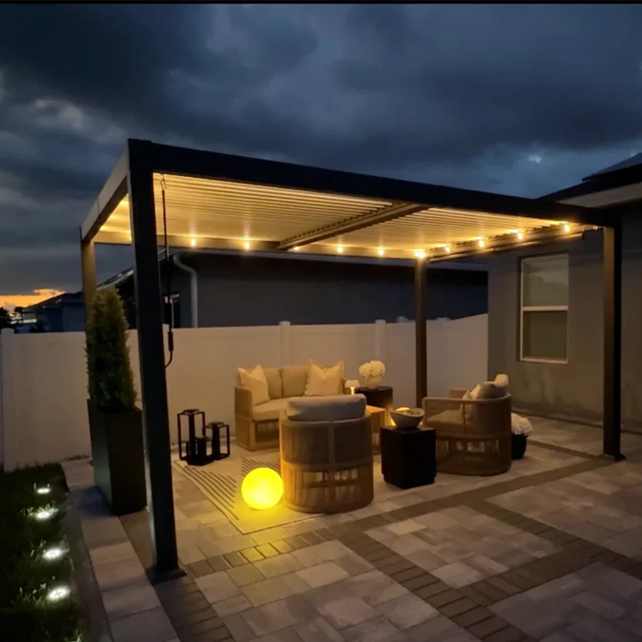 PURPLE LEAF Caesar Louvered Pergola with String Lights Patio Aluminum Pergola with Independent Adjustable Rainproof Roof With Yellow Lights - Image 48
