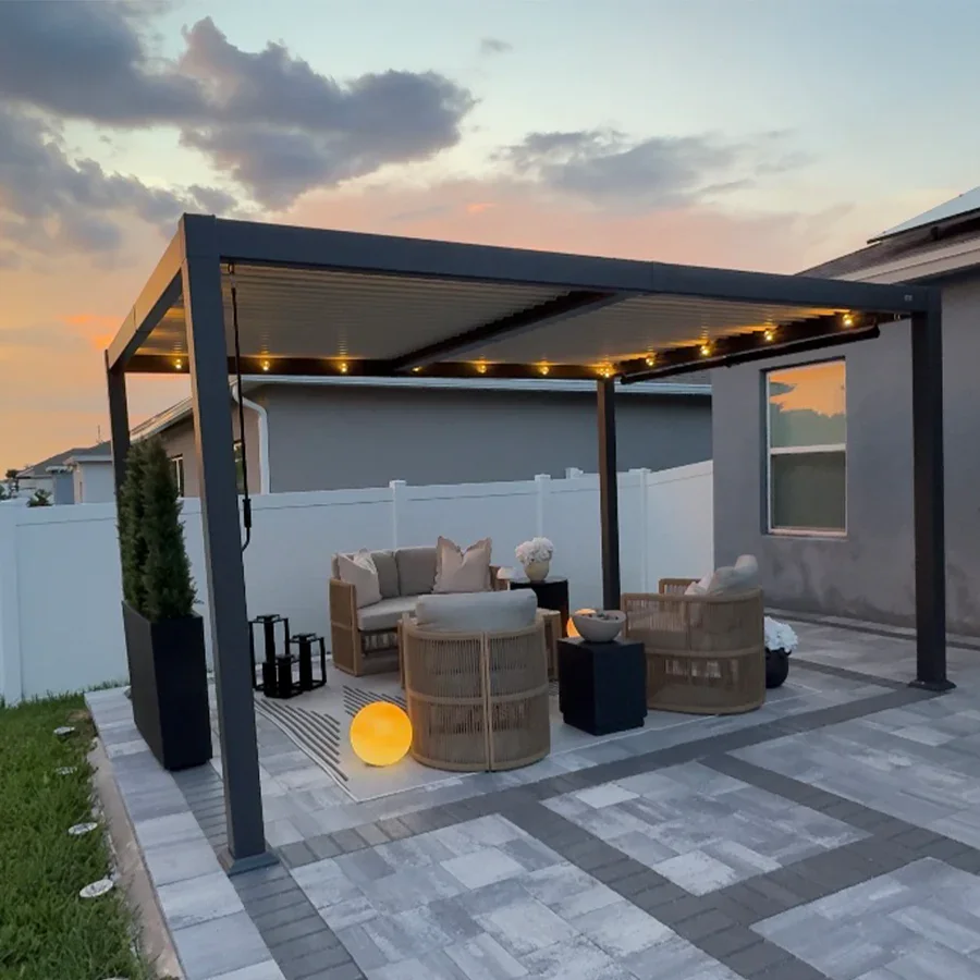 PURPLE LEAF Caesar Louvered Pergola with String Lights Patio Aluminum Pergola with Independent Adjustable Rainproof Roof With Yellow Lights - Image 49