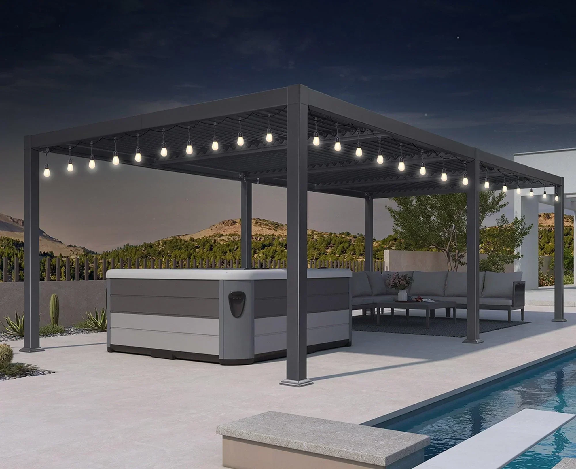 PURPLE LEAF Caesar Louvered Pergola with Milky String Lights Patio Aluminum Pergola with Independent Adjustable Rainproof Roof With Milky Lights - Image 17