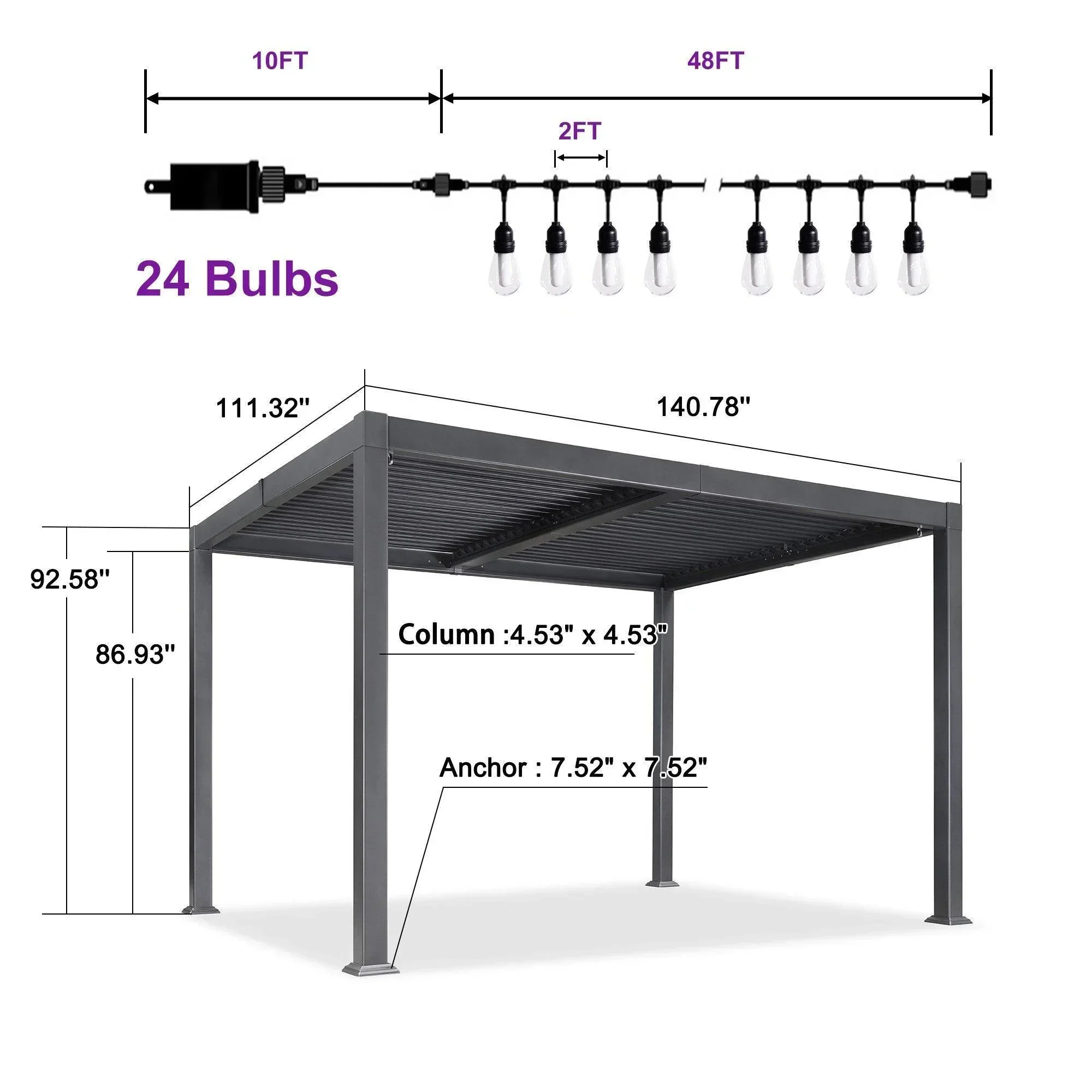 PURPLE LEAF Caesar Louvered Pergola with Milky String Lights Patio Aluminum Pergola with Independent Adjustable Rainproof Roof Hardtop Pergola for Outdoor Deck Garden Yard - Image 18