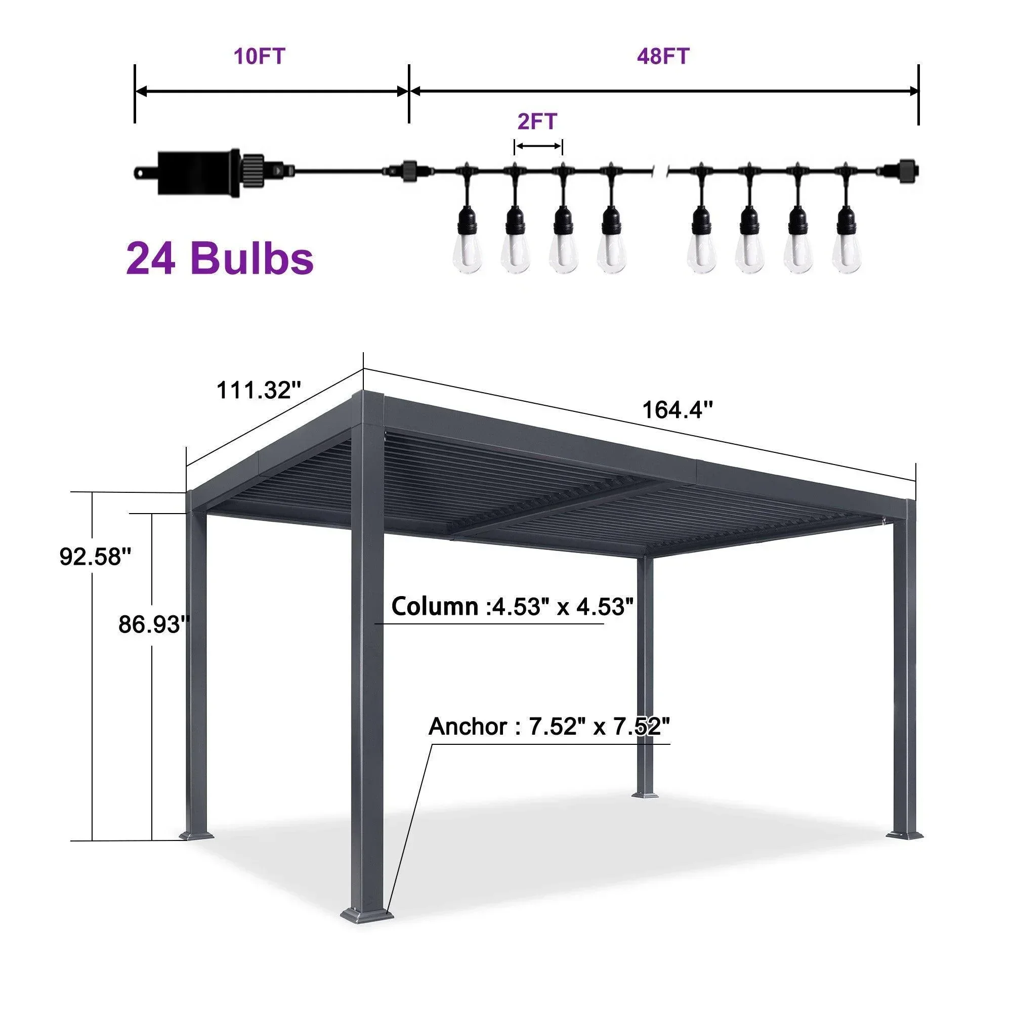 PURPLE LEAF Caesar Louvered Pergola with Milky String Lights Patio Aluminum Pergola with Independent Adjustable Rainproof Roof Hardtop Pergola for Outdoor Deck Garden Yard - Image 19