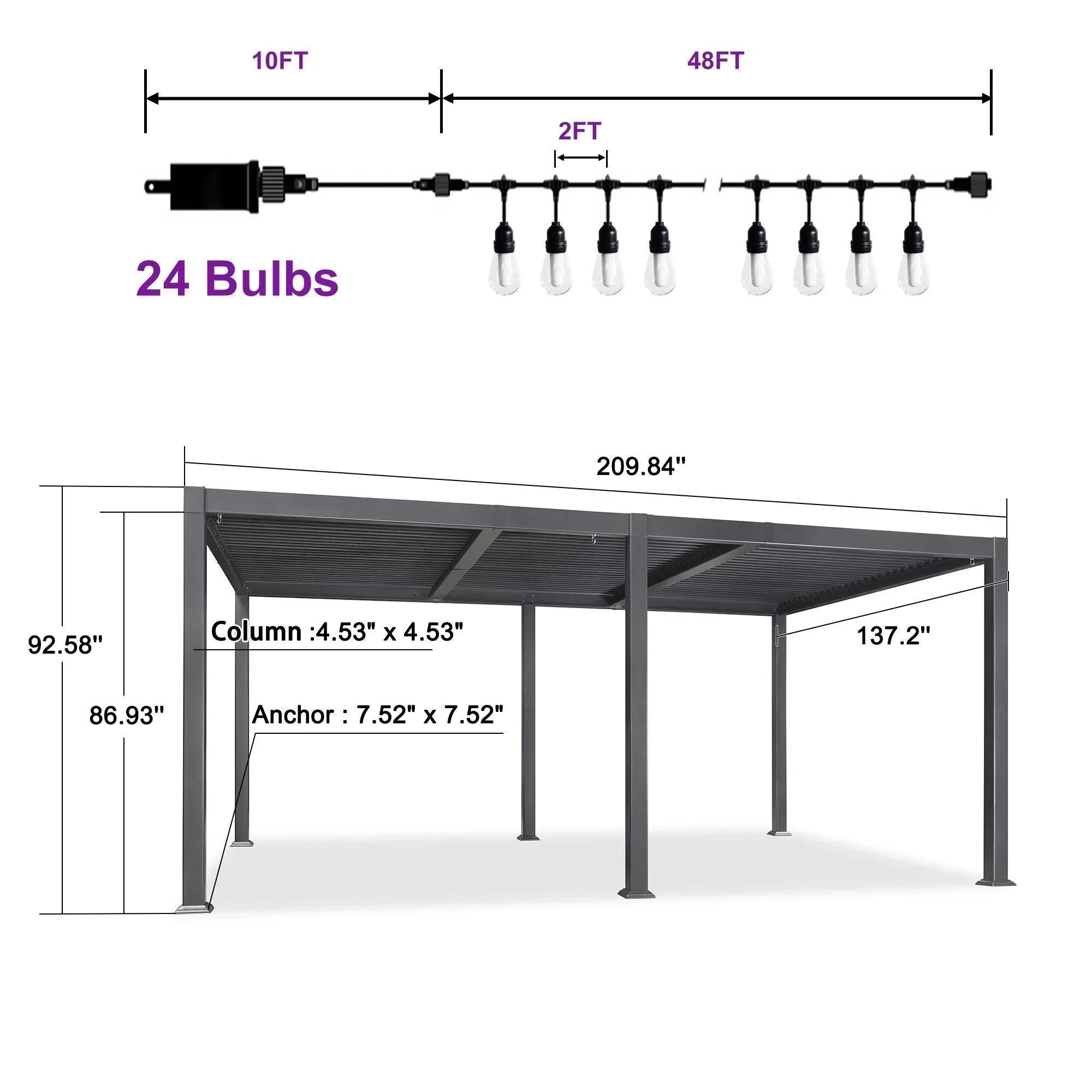PURPLE LEAF Caesar Louvered Pergola with Milky String Lights Patio Aluminum Pergola with Independent Adjustable Rainproof Roof Hardtop Pergola for Outdoor Deck Garden Yard - Image 20