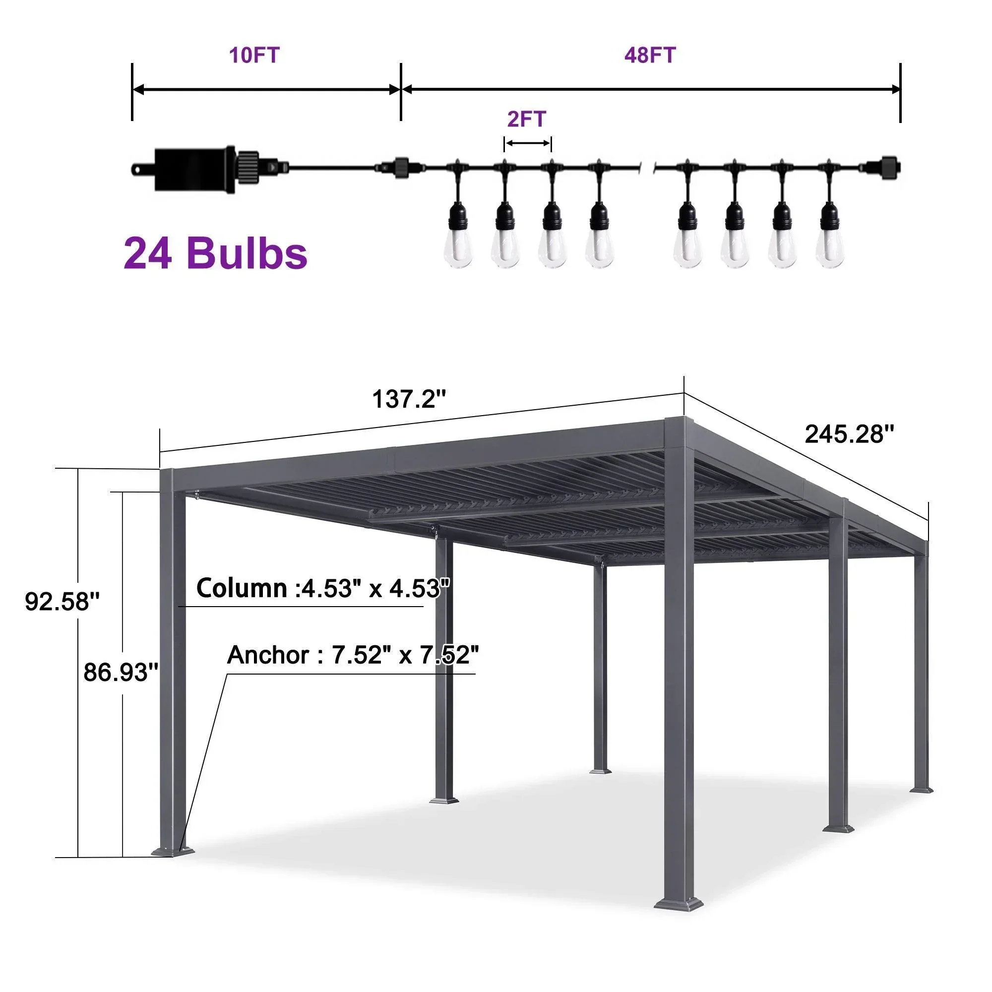 PURPLE LEAF Caesar Louvered Pergola with Milky String Lights Patio Aluminum Pergola with Independent Adjustable Rainproof Roof Hardtop Pergola for Outdoor Deck Garden Yard - Image 21