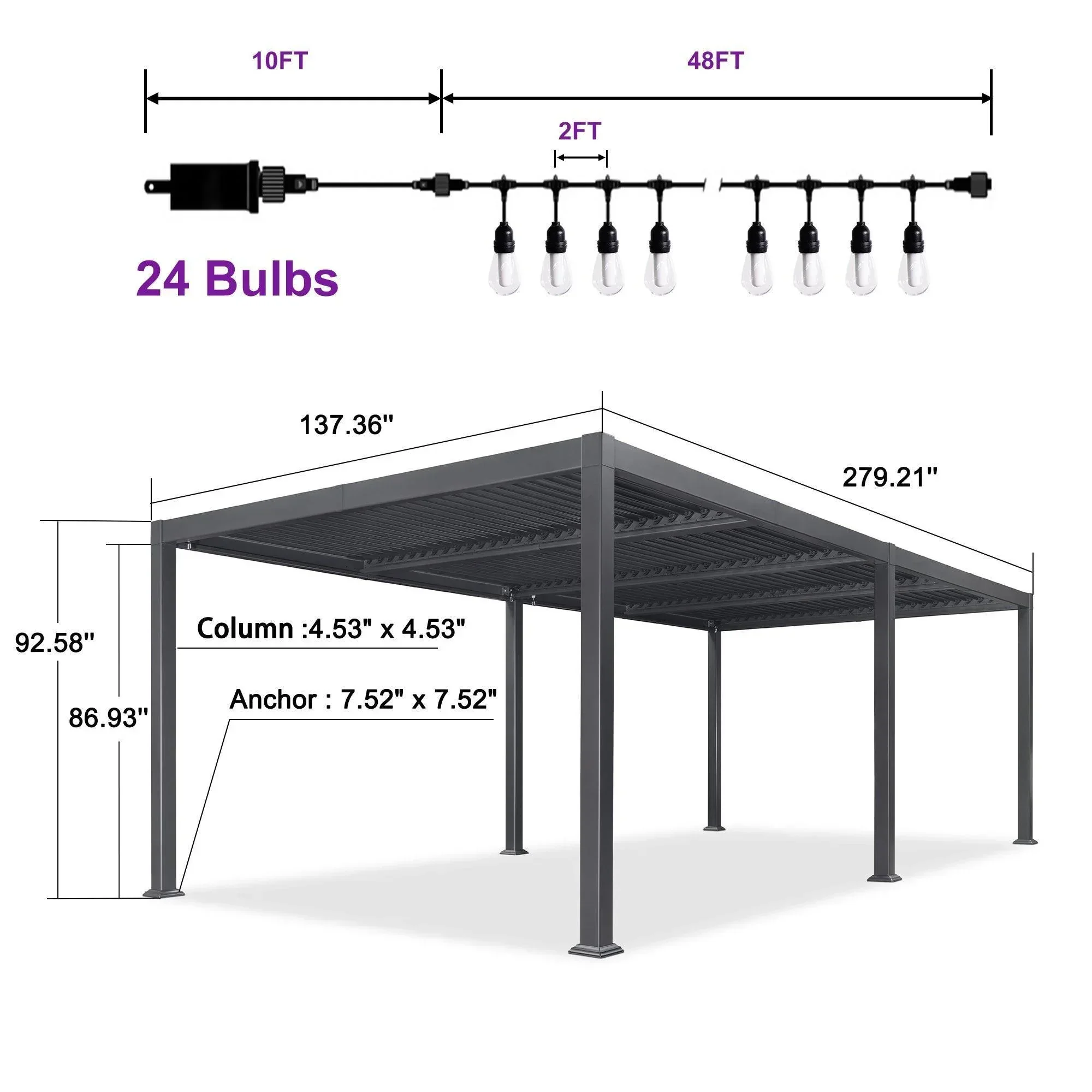 PURPLE LEAF Caesar Louvered Pergola with Milky String Lights Patio Aluminum Pergola with Independent Adjustable Rainproof Roof Hardtop Pergola for Outdoor Deck Garden Yard - Image 22