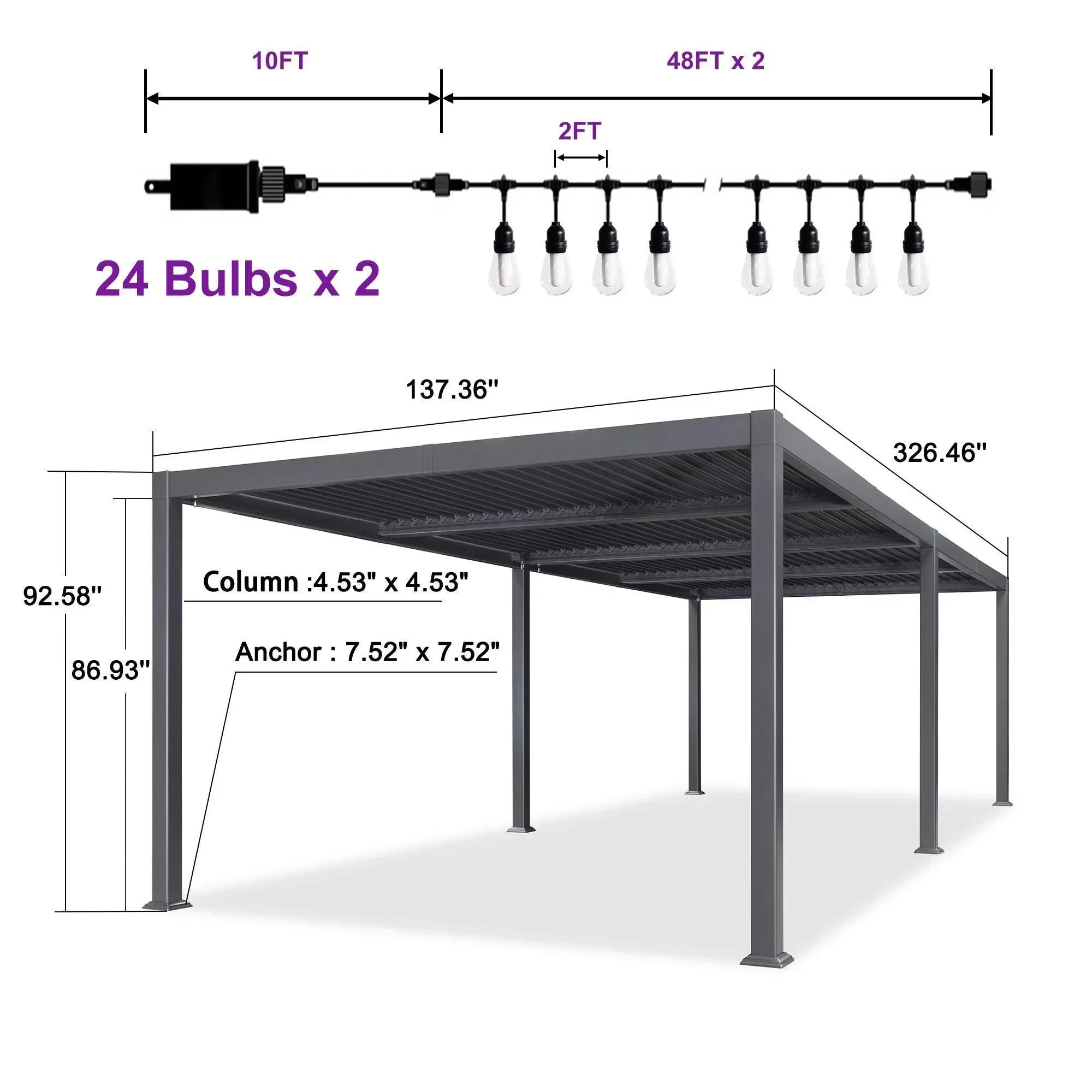 PURPLE LEAF Caesar Louvered Pergola with Milky String Lights Patio Aluminum Pergola with Independent Adjustable Rainproof Roof Hardtop Pergola for Outdoor Deck Garden Yard - Image 23