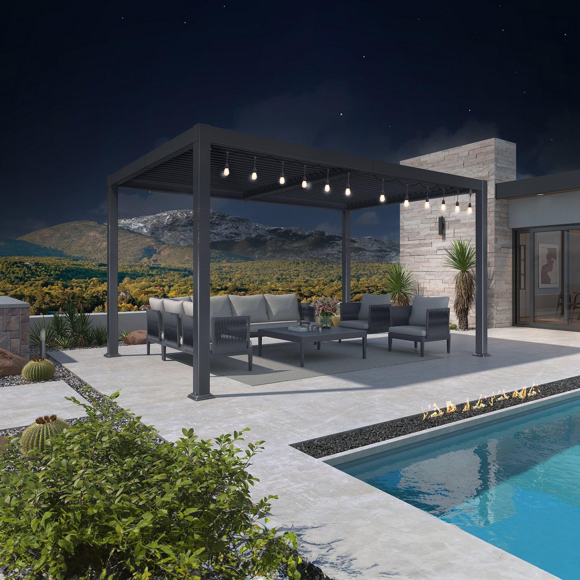 PURPLE LEAF Caesar Louvered Pergola with Milky String Lights Patio Aluminum Pergola with Independent Adjustable Rainproof Roof With Milky Lights - Image 31