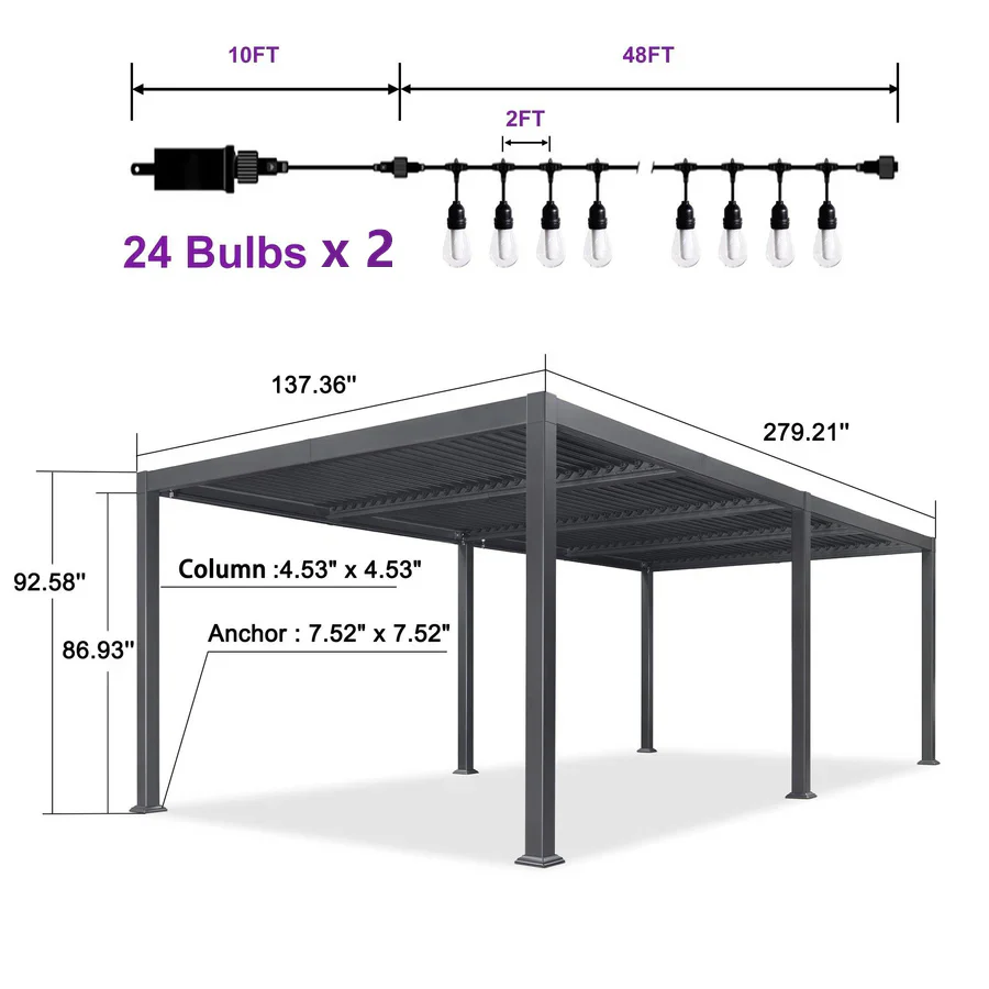 PURPLE LEAF Caesar Louvered Pergola with Milky String Lights Patio Aluminum Pergola with Independent Adjustable Rainproof Roof Hardtop Pergola for Outdoor Deck Garden Yard - Image 52