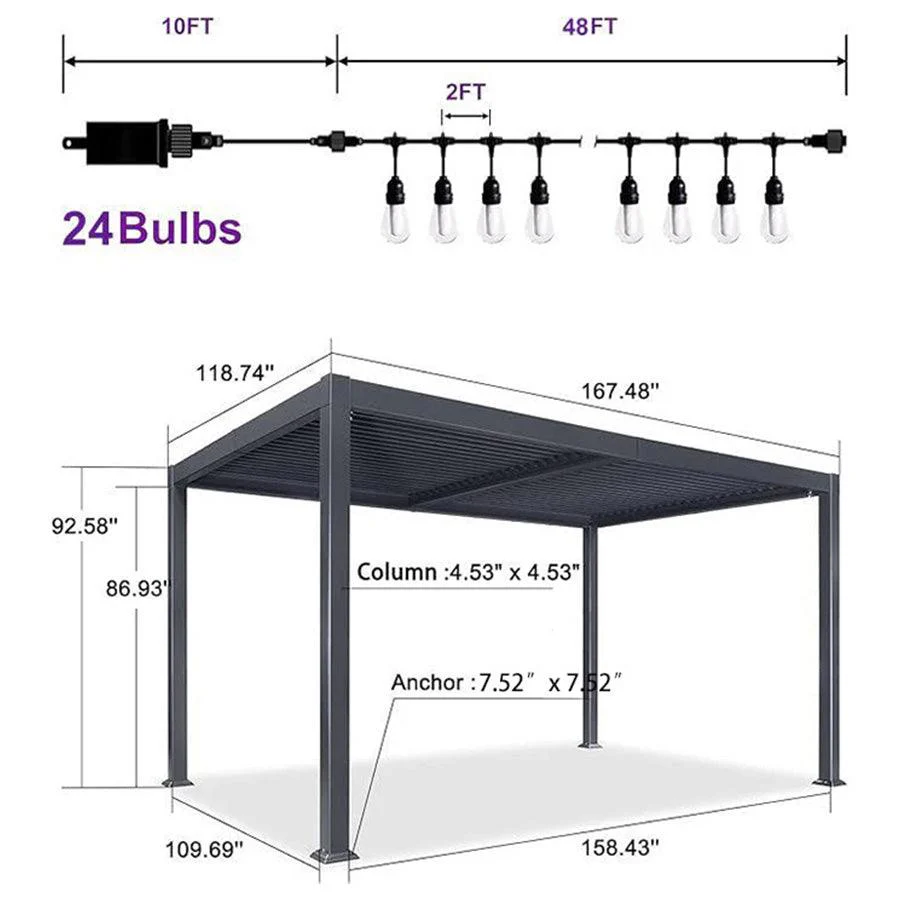 PURPLE LEAF Caesar Louvered Pergola with Milky String Lights Patio Aluminum Pergola with Independent Adjustable Rainproof Roof Hardtop Pergola for Outdoor Deck Garden Yard - Image 68