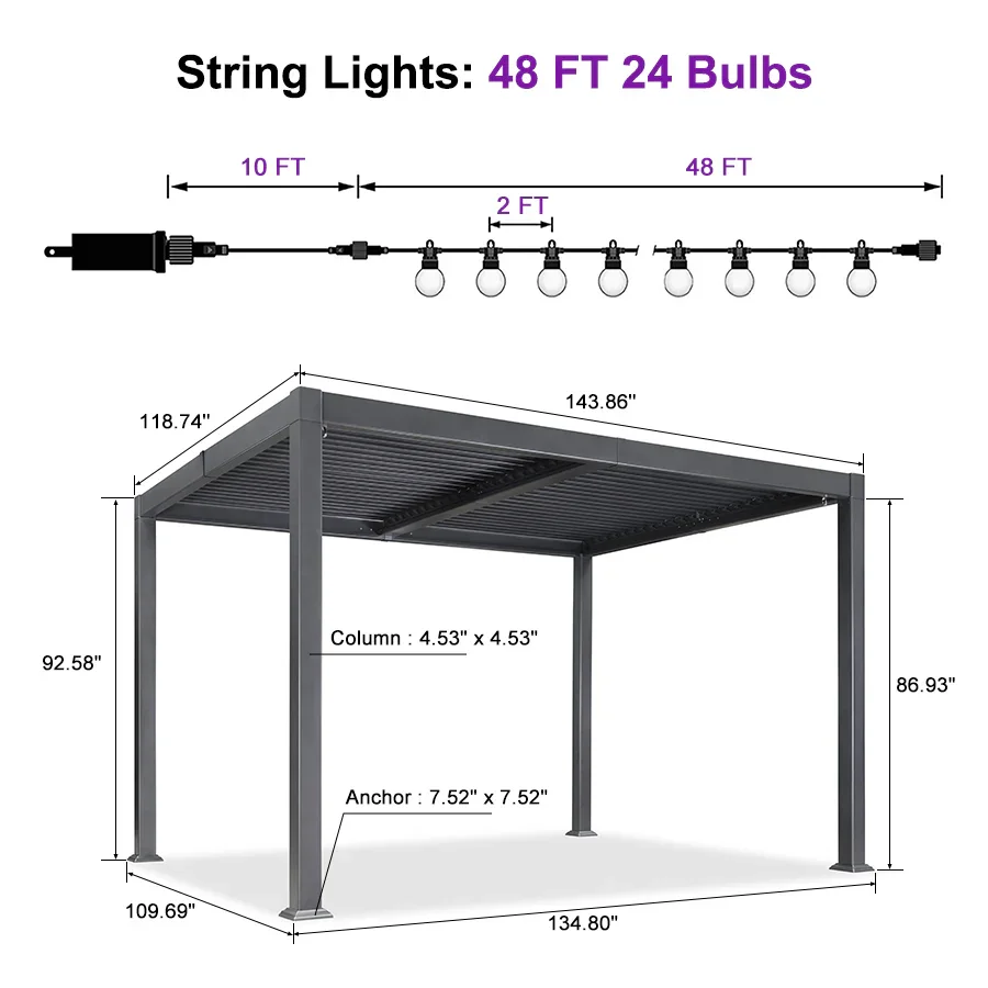 PURPLE LEAF Caesar Louvered Pergola with Milky String Lights Patio Aluminum Pergola with Independent Adjustable Rainproof Roof Hardtop Pergola for Outdoor Deck Garden Yard - Image 69