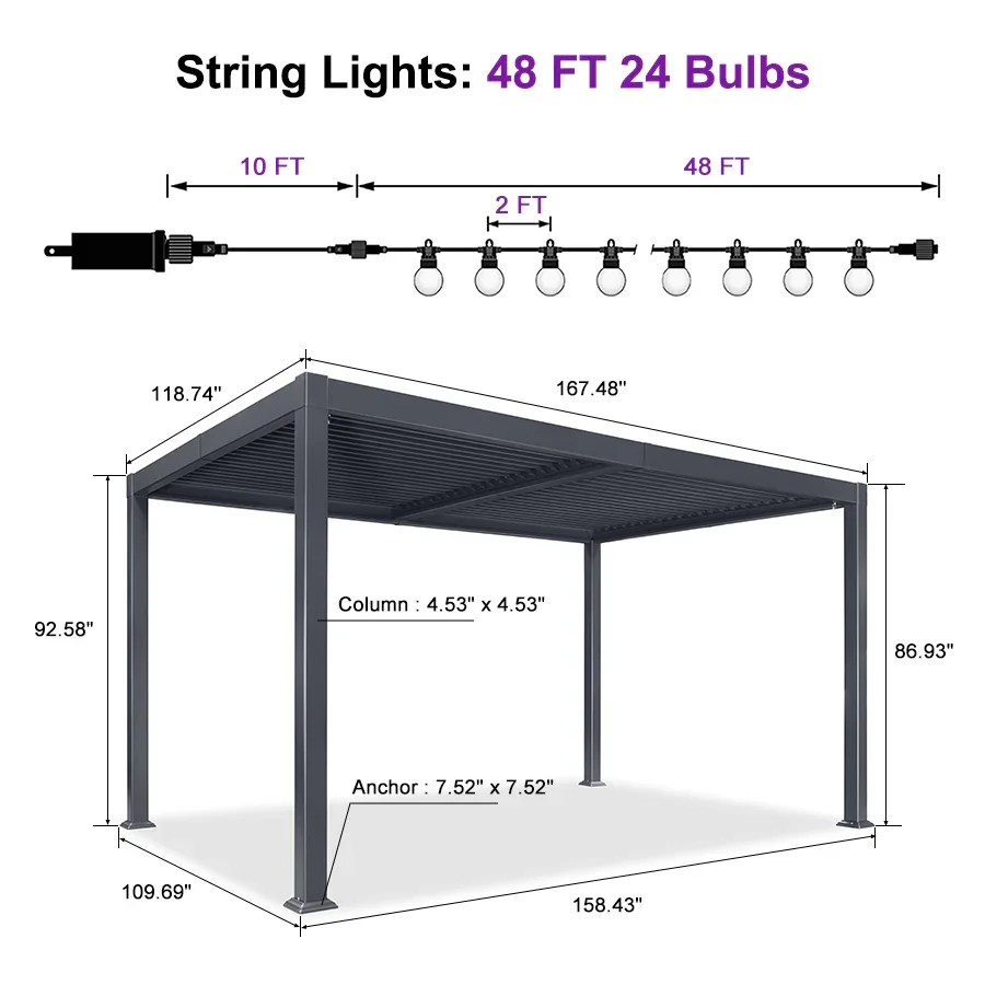 PURPLE LEAF Caesar Louvered Pergola with Milky String Lights Patio Aluminum Pergola with Independent Adjustable Rainproof Roof Hardtop Pergola for Outdoor Deck Garden Yard - Image 70