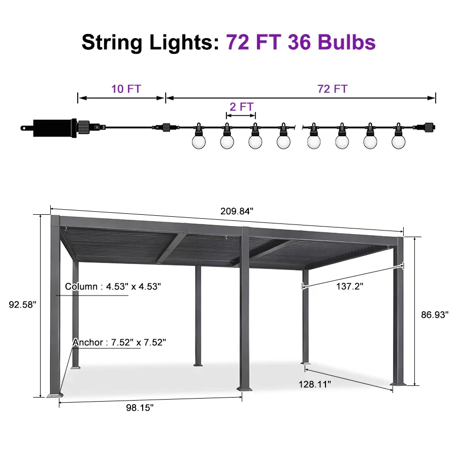 PURPLE LEAF Caesar Louvered Pergola with Milky String Lights Patio Aluminum Pergola with Independent Adjustable Rainproof Roof Hardtop Pergola for Outdoor Deck Garden Yard - Image 71