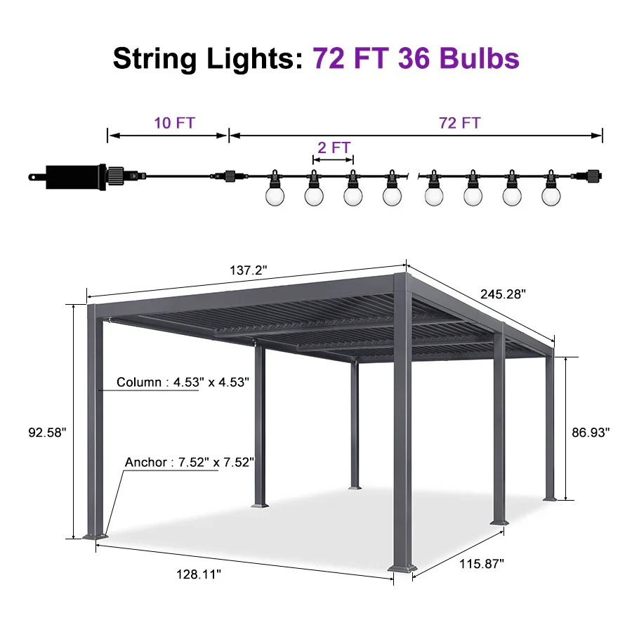 PURPLE LEAF Caesar Louvered Pergola with Milky String Lights Patio Aluminum Pergola with Independent Adjustable Rainproof Roof Hardtop Pergola for Outdoor Deck Garden Yard - Image 72