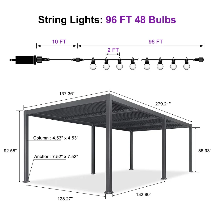 PURPLE LEAF Caesar Louvered Pergola with Milky String Lights Patio Aluminum Pergola with Independent Adjustable Rainproof Roof Hardtop Pergola for Outdoor Deck Garden Yard - Image 73