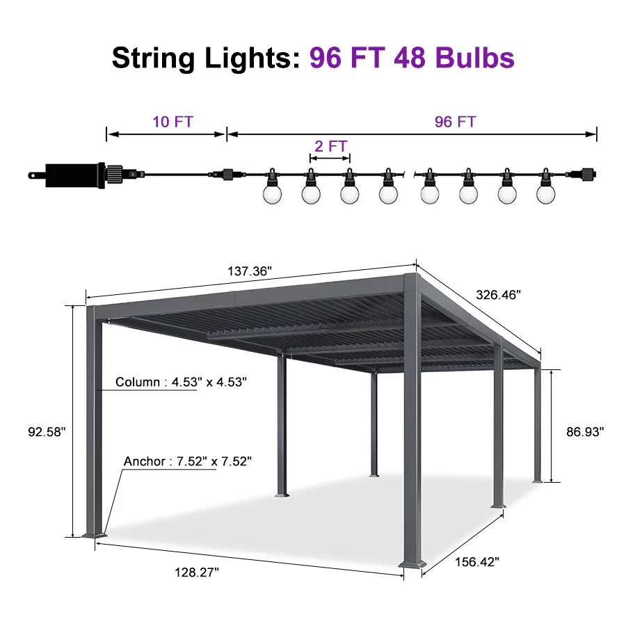 PURPLE LEAF Caesar Louvered Pergola with Milky String Lights Patio Aluminum Pergola with Independent Adjustable Rainproof Roof Hardtop Pergola for Outdoor Deck Garden Yard - Image 74