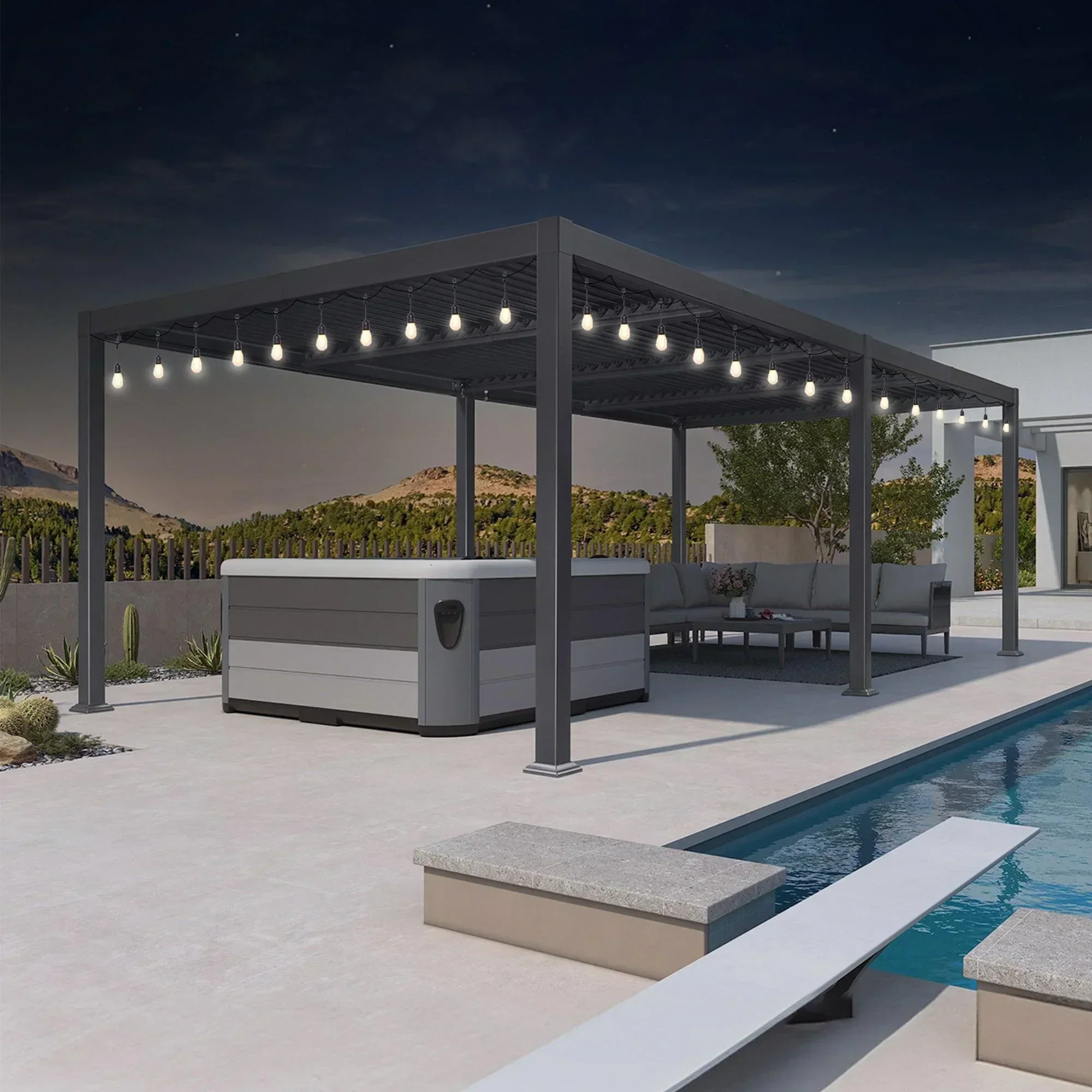 PURPLE LEAF Caesar Louvered Pergola with Milky String Lights Patio Aluminum Pergola with Independent Adjustable Rainproof Roof With Milky Lights - Image 9