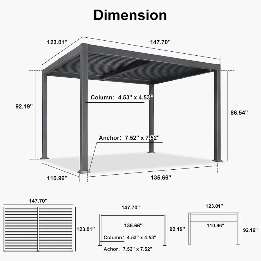 PURPLE LEAF Caesar Solar Louvered Pergola with LED Strip Lights and Control Panel Aluminum Outdoor Pergola with Adjustable Roof for Patio Deck Garden Yard Gray - Image 72