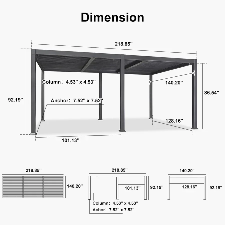 PURPLE LEAF Caesar Solar Louvered Pergola with LED Strip Lights and Control Panel Aluminum Outdoor Pergola with Adjustable Roof for Patio Deck Garden Yard Gray - Image 74