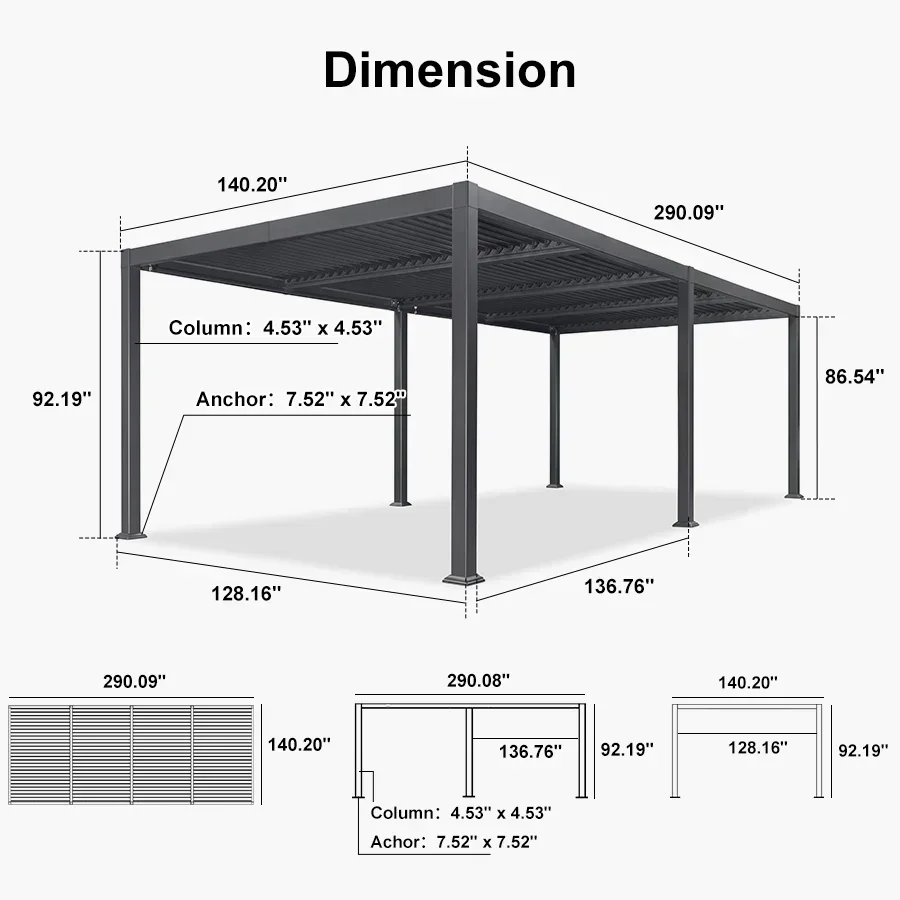 PURPLE LEAF Caesar Solar Louvered Pergola with LED Strip Lights and Control Panel Aluminum Outdoor Pergola with Adjustable Roof for Patio Deck Garden Yard Gray - Image 76