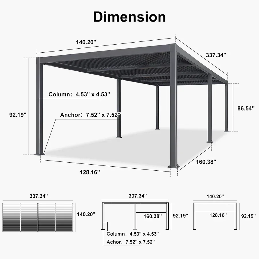 PURPLE LEAF Caesar Solar Louvered Pergola with LED Strip Lights and Control Panel Aluminum Outdoor Pergola with Adjustable Roof for Patio Deck Garden Yard Gray - Image 77