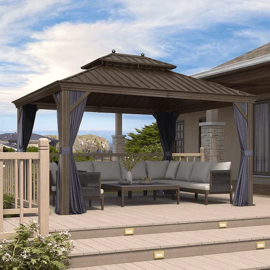 PURPLE LEAF Outdoor Hardtop Gazebo for Patio Bronze Aluminum Frame Pavilion with Navy-Blue Curtain - Image 102