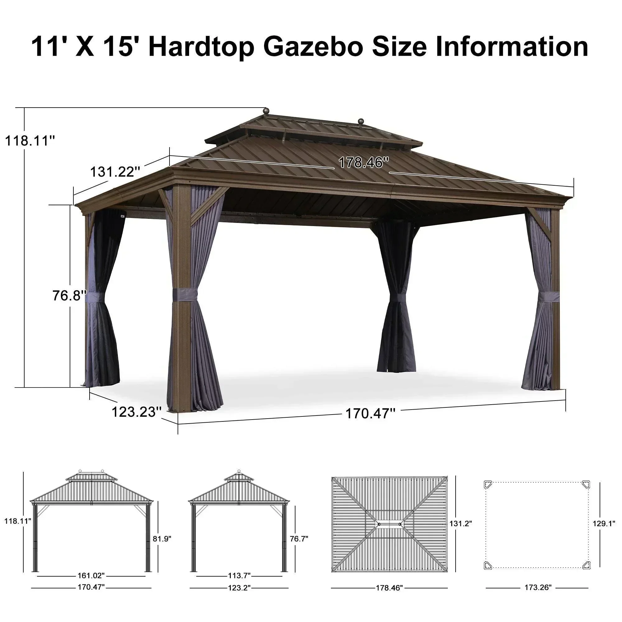 PURPLE LEAF Outdoor Hardtop Gazebo for Patio Bronze Aluminum Frame Pavilion with Navy-Blue Curtain - Image 106