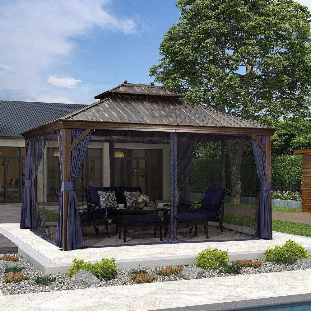 PURPLE LEAF Outdoor Hardtop Gazebo for Patio Bronze Aluminum Frame Pavilion with Navy-Blue Curtain - Image 11