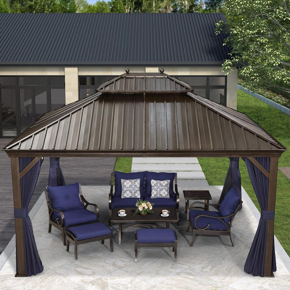 PURPLE LEAF Outdoor Hardtop Gazebo for Patio Bronze Aluminum Frame Pavilion with Navy-Blue Curtain - Image 13
