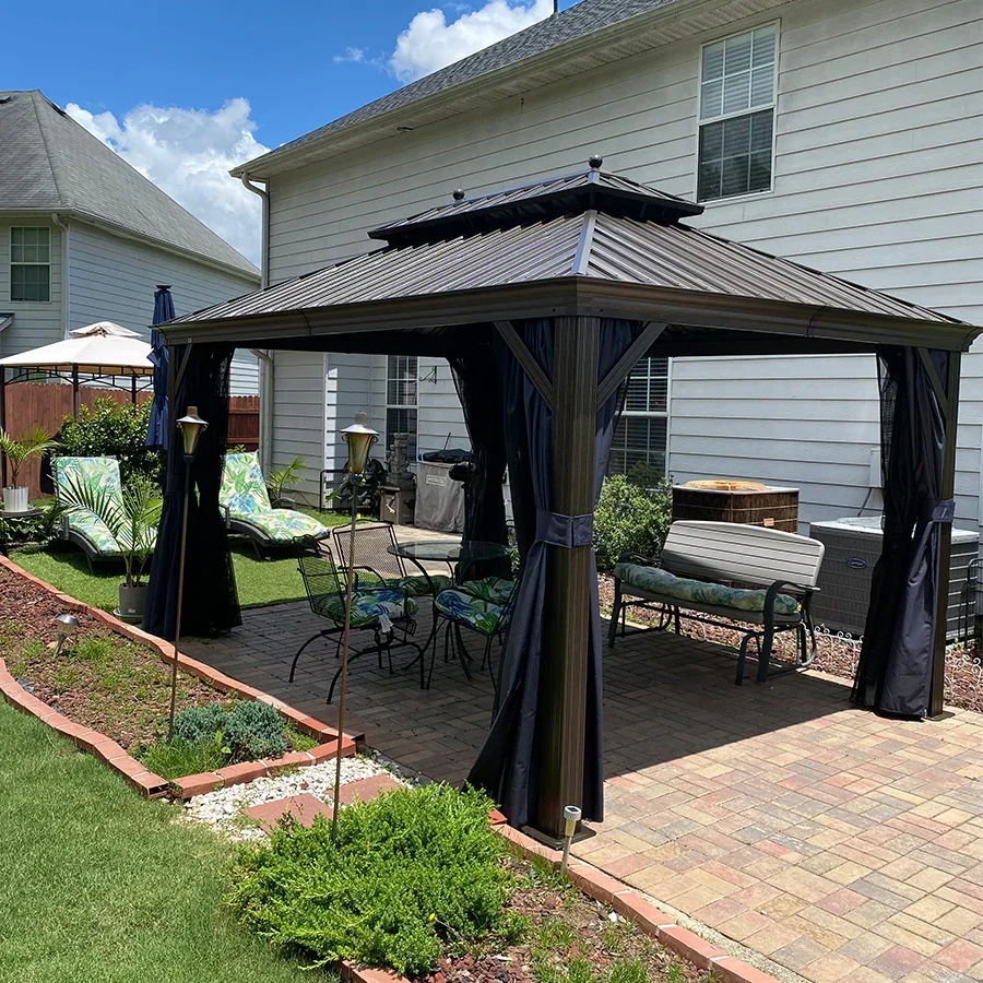 PURPLE LEAF Outdoor Hardtop Gazebo for Patio Bronze Aluminum Frame Pavilion with Navy-Blue Curtain - Image 133