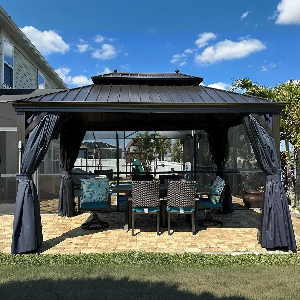 PURPLE LEAF Outdoor Hardtop Gazebo for Patio Bronze Aluminum Frame Pavilion with Navy-Blue Curtain - Image 136