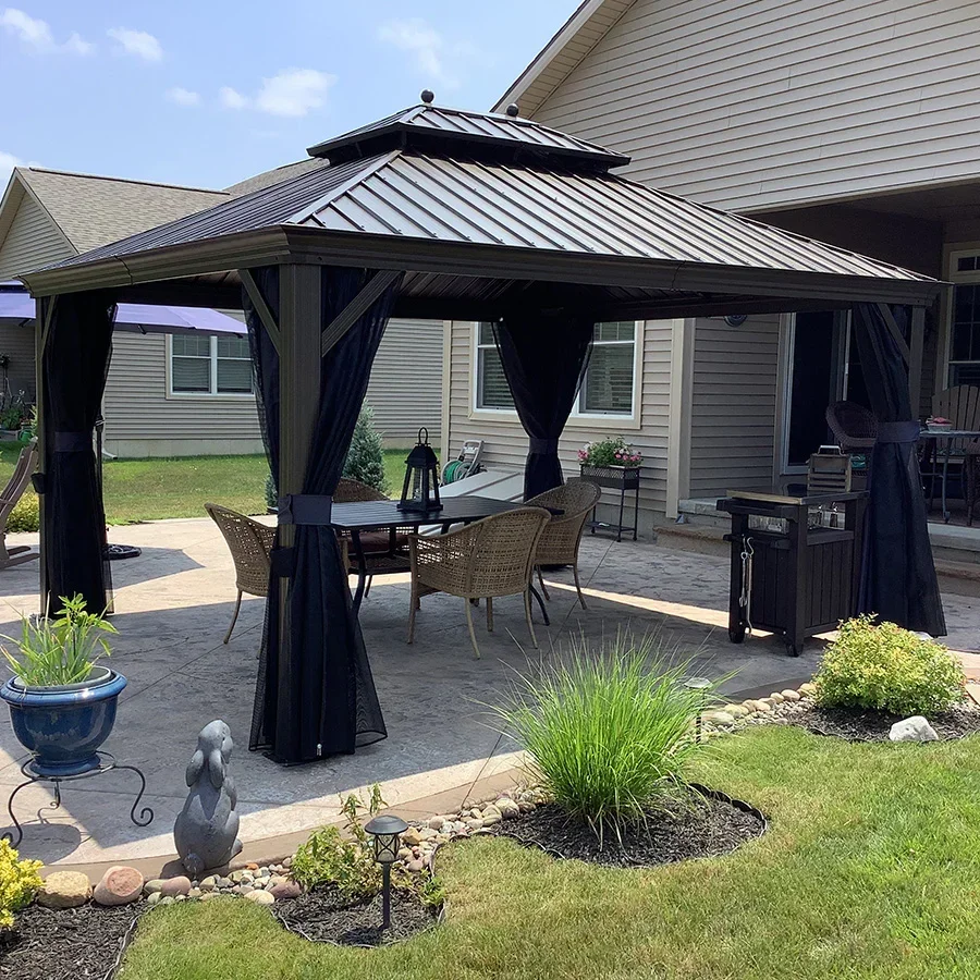 PURPLE LEAF Outdoor Hardtop Gazebo for Patio Bronze Aluminum Frame Pavilion with Navy-Blue Curtain - Image 138