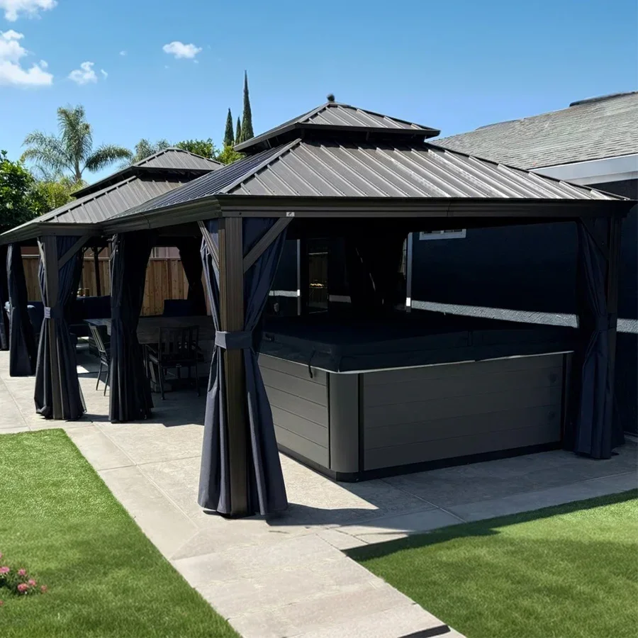 PURPLE LEAF Outdoor Hardtop Gazebo for Patio Bronze Aluminum Frame Pavilion with Navy-Blue Curtain - Image 141