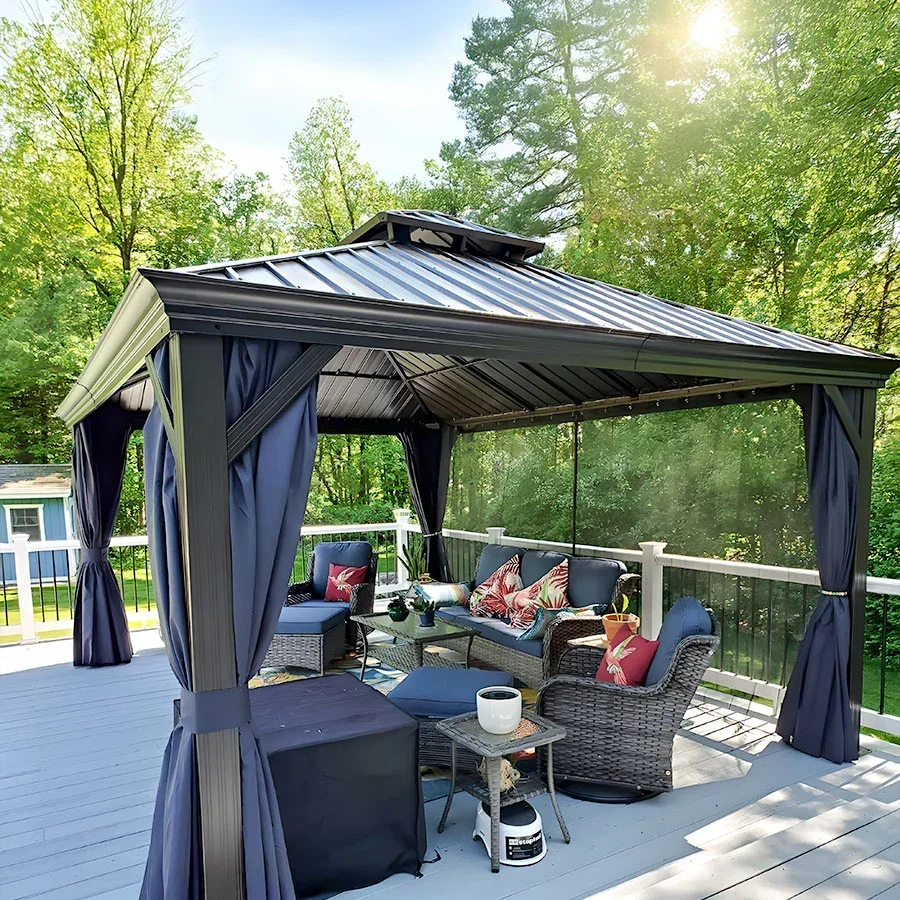 PURPLE LEAF Outdoor Hardtop Gazebo for Patio Bronze Aluminum Frame Pavilion with Navy-Blue Curtain - Image 145