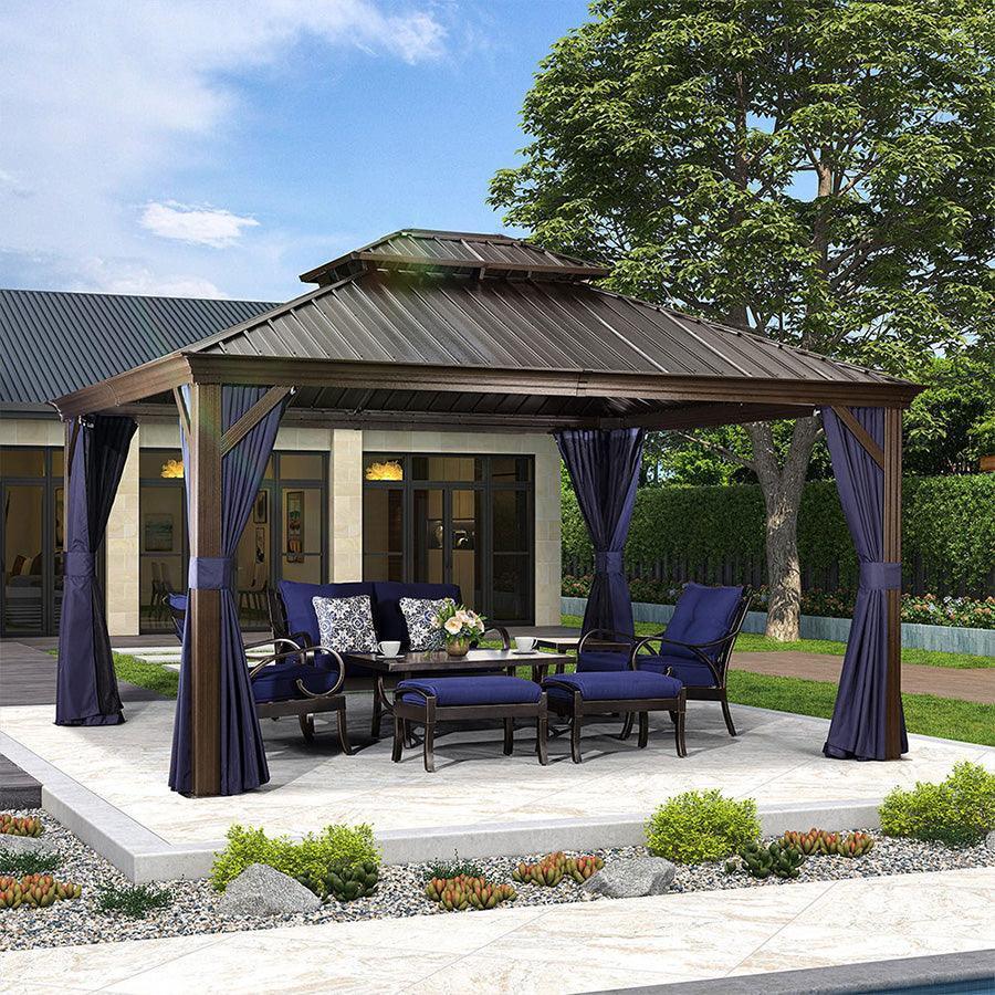 PURPLE LEAF Outdoor Hardtop Gazebo for Patio Bronze Aluminum Frame Pavilion with Navy-Blue Curtain - Image 25