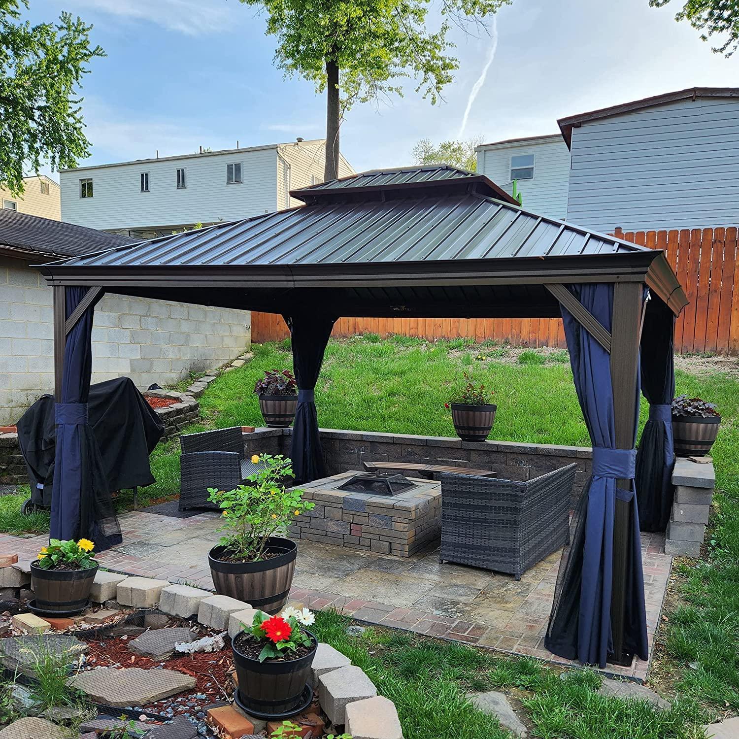 PURPLE LEAF Outdoor Hardtop Gazebo for Patio Bronze Aluminum Frame Pavilion with Navy-Blue Curtain - Image 27