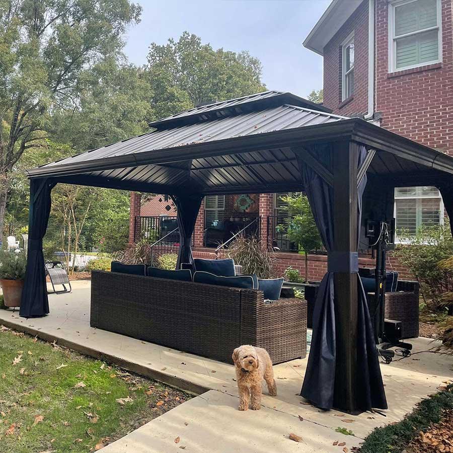 PURPLE LEAF Outdoor Hardtop Gazebo for Patio Bronze Aluminum Frame Pavilion with Navy-Blue Curtain - Image 4
