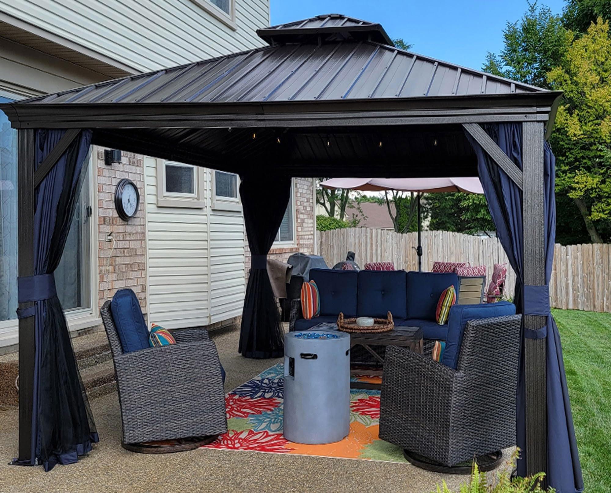 PURPLE LEAF Outdoor Hardtop Gazebo for Patio Bronze Aluminum Frame Pavilion with Navy-Blue Curtain - Image 42