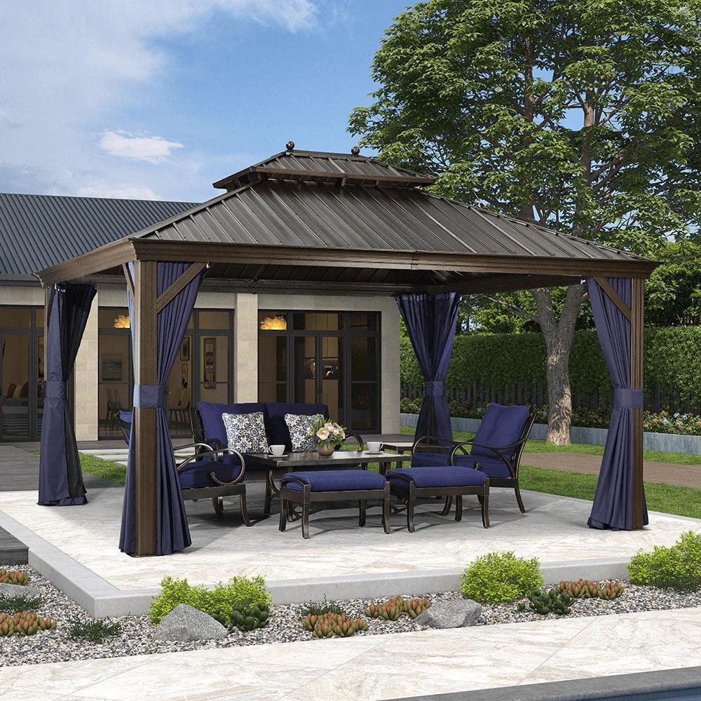 PURPLE LEAF Outdoor Hardtop Gazebo for Patio Bronze Aluminum Frame Pavilion with Navy-Blue Curtain - Image 47