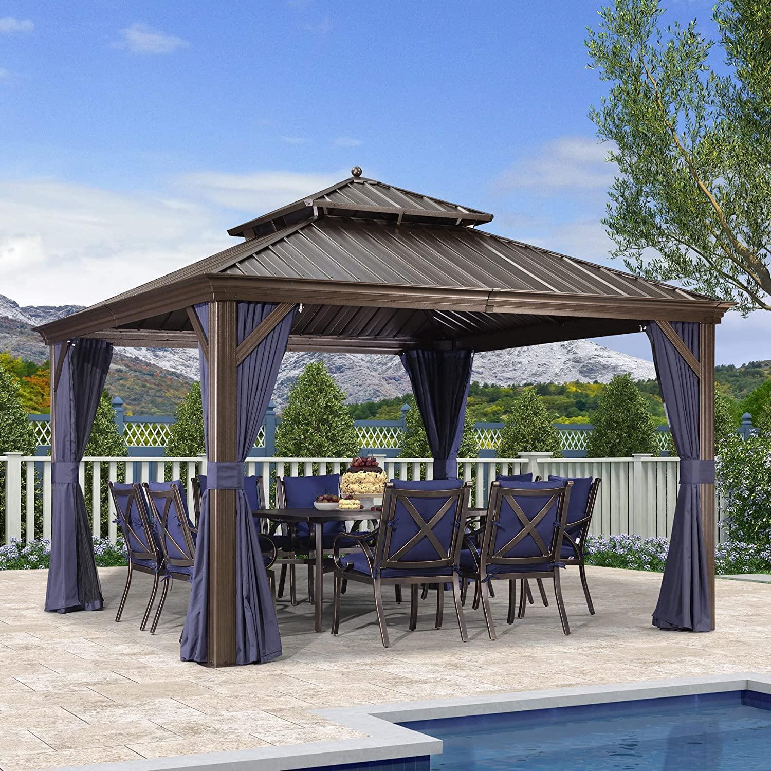 PURPLE LEAF Outdoor Hardtop Gazebo for Patio Bronze Aluminum Frame Pavilion with Navy-Blue Curtain - Image 5