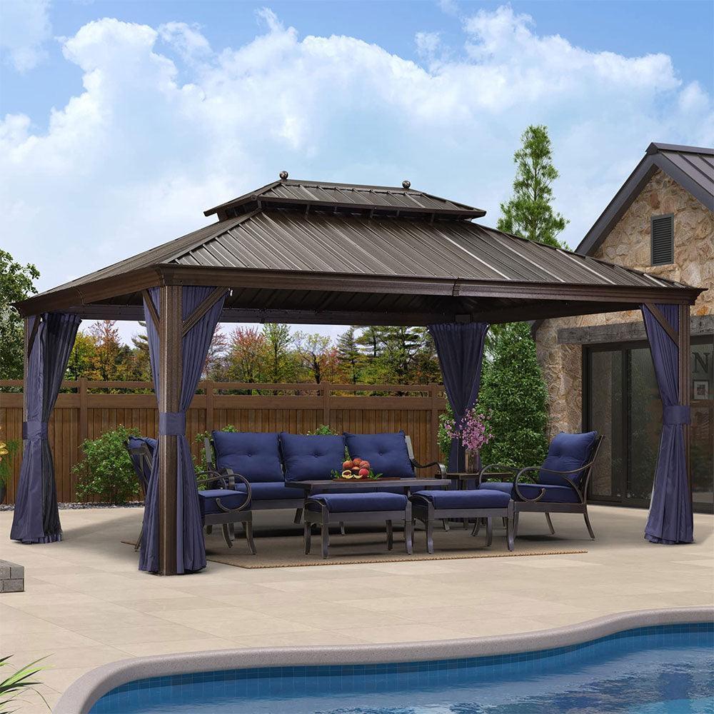 PURPLE LEAF Outdoor Hardtop Gazebo for Patio Bronze Aluminum Frame Pavilion with Navy-Blue Curtain - Image 54