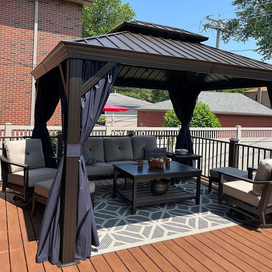 PURPLE LEAF Outdoor Hardtop Gazebo for Patio Bronze Aluminum Frame Pavilion with Navy-Blue Curtain - Image 56