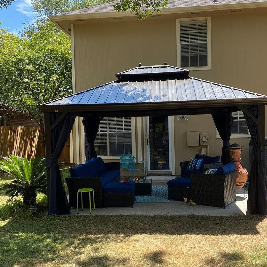 PURPLE LEAF Outdoor Hardtop Gazebo for Patio Bronze Aluminum Frame Pavilion with Navy-Blue Curtain - Image 57