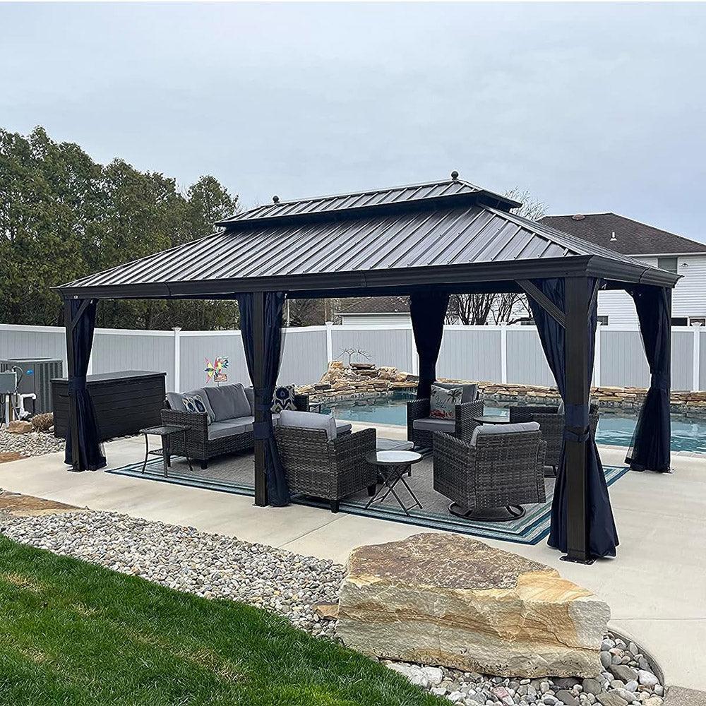 PURPLE LEAF Outdoor Hardtop Gazebo for Patio Bronze Aluminum Frame Pavilion with Navy-Blue Curtain - Image 65