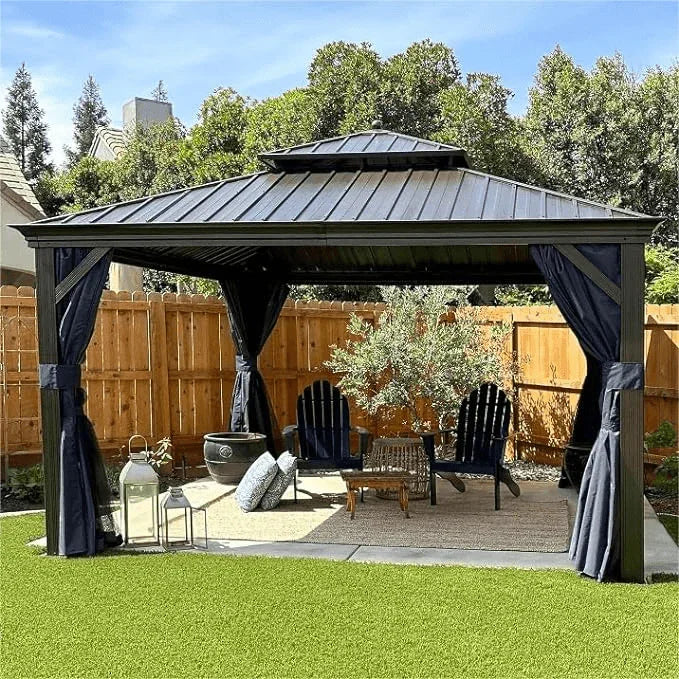 PURPLE LEAF Outdoor Hardtop Gazebo for Patio Bronze Aluminum Frame Pavilion with Navy-Blue Curtain - Image 66