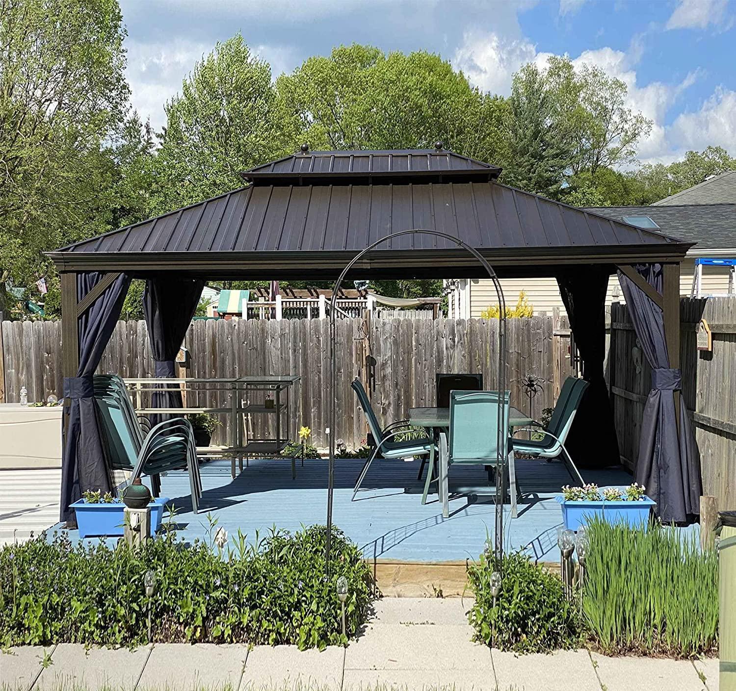 PURPLE LEAF Outdoor Hardtop Gazebo for Patio Bronze Aluminum Frame Pavilion with Navy-Blue Curtain - Image 7