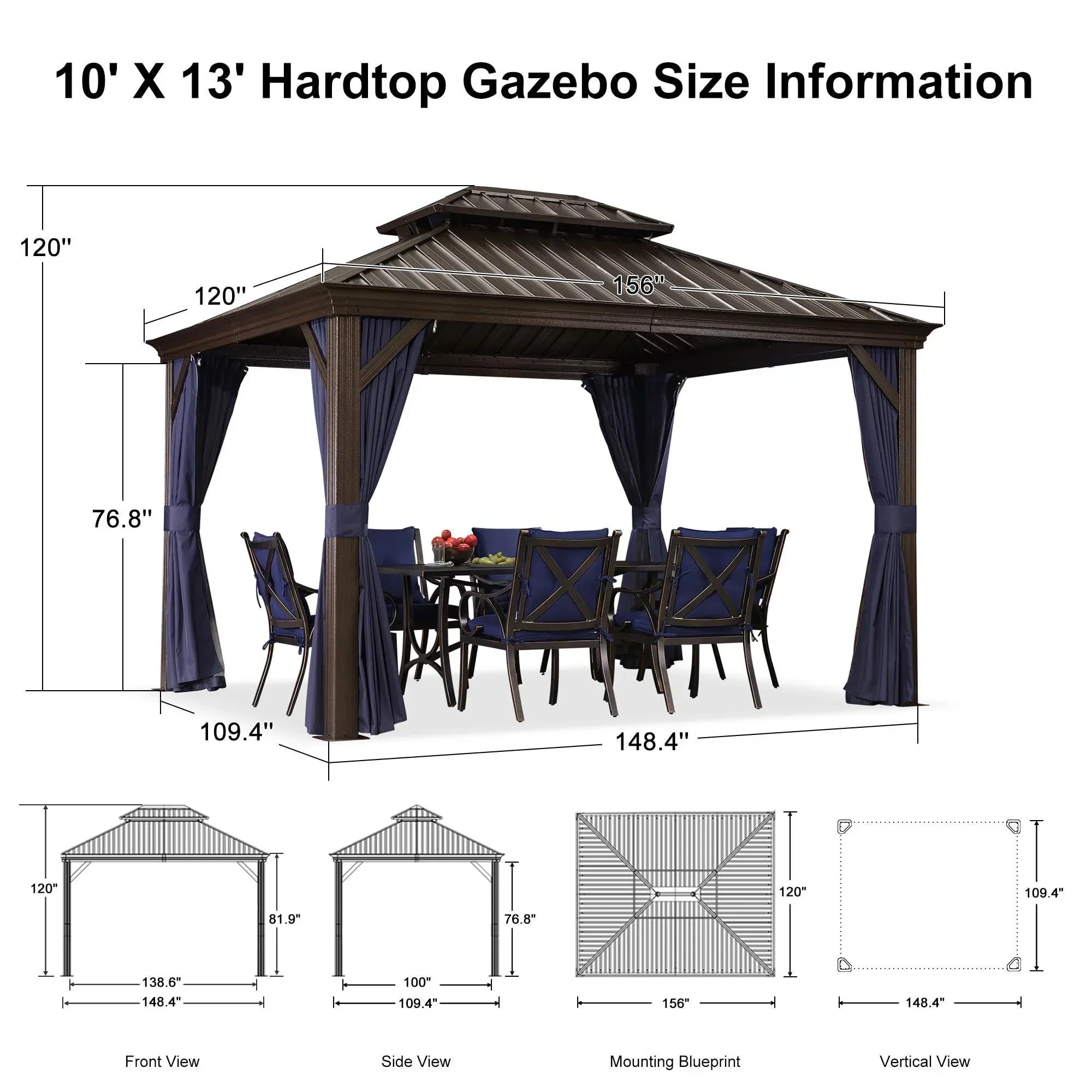 PURPLE LEAF Outdoor Hardtop Gazebo for Patio Bronze Aluminum Frame Pavilion with Navy-Blue Curtain - Image 76