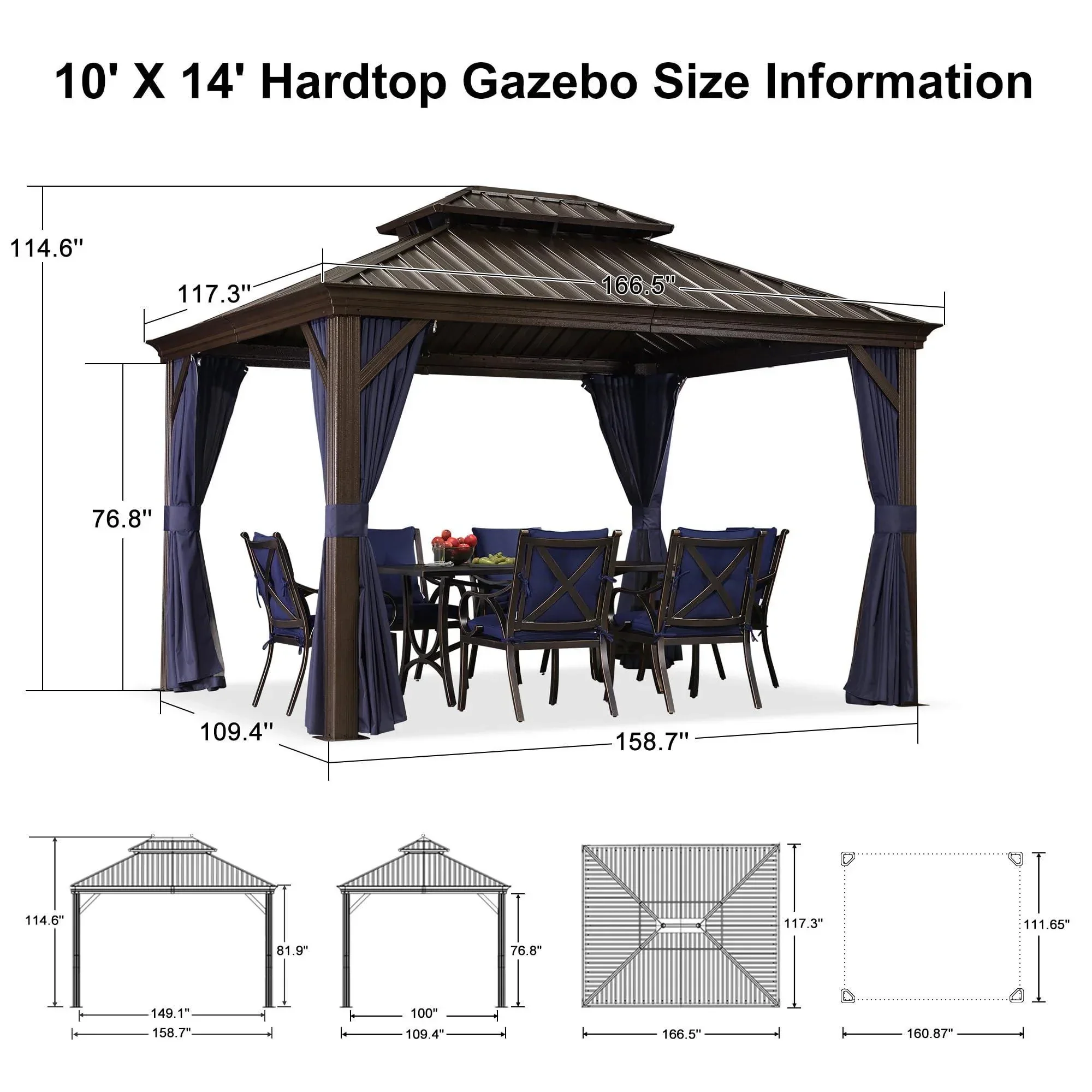 PURPLE LEAF Outdoor Hardtop Gazebo for Patio Bronze Aluminum Frame Pavilion with Navy-Blue Curtain - Image 78