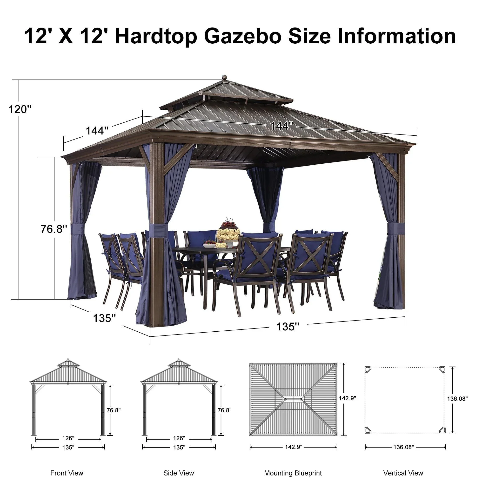 PURPLE LEAF Outdoor Hardtop Gazebo for Patio Bronze Aluminum Frame Pavilion with Navy-Blue Curtain - Image 79