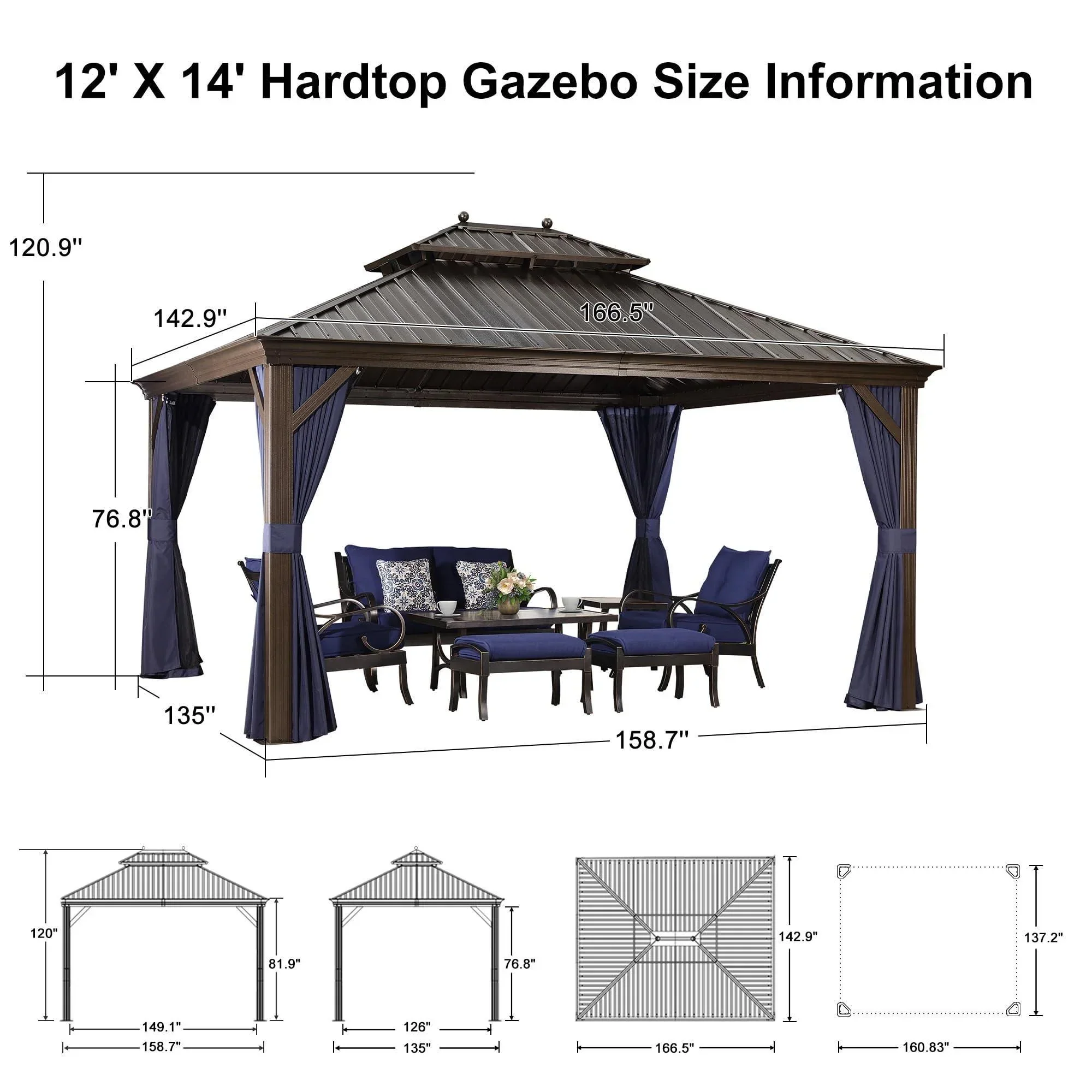 PURPLE LEAF Outdoor Hardtop Gazebo for Patio Bronze Aluminum Frame Pavilion with Navy-Blue Curtain - Image 80