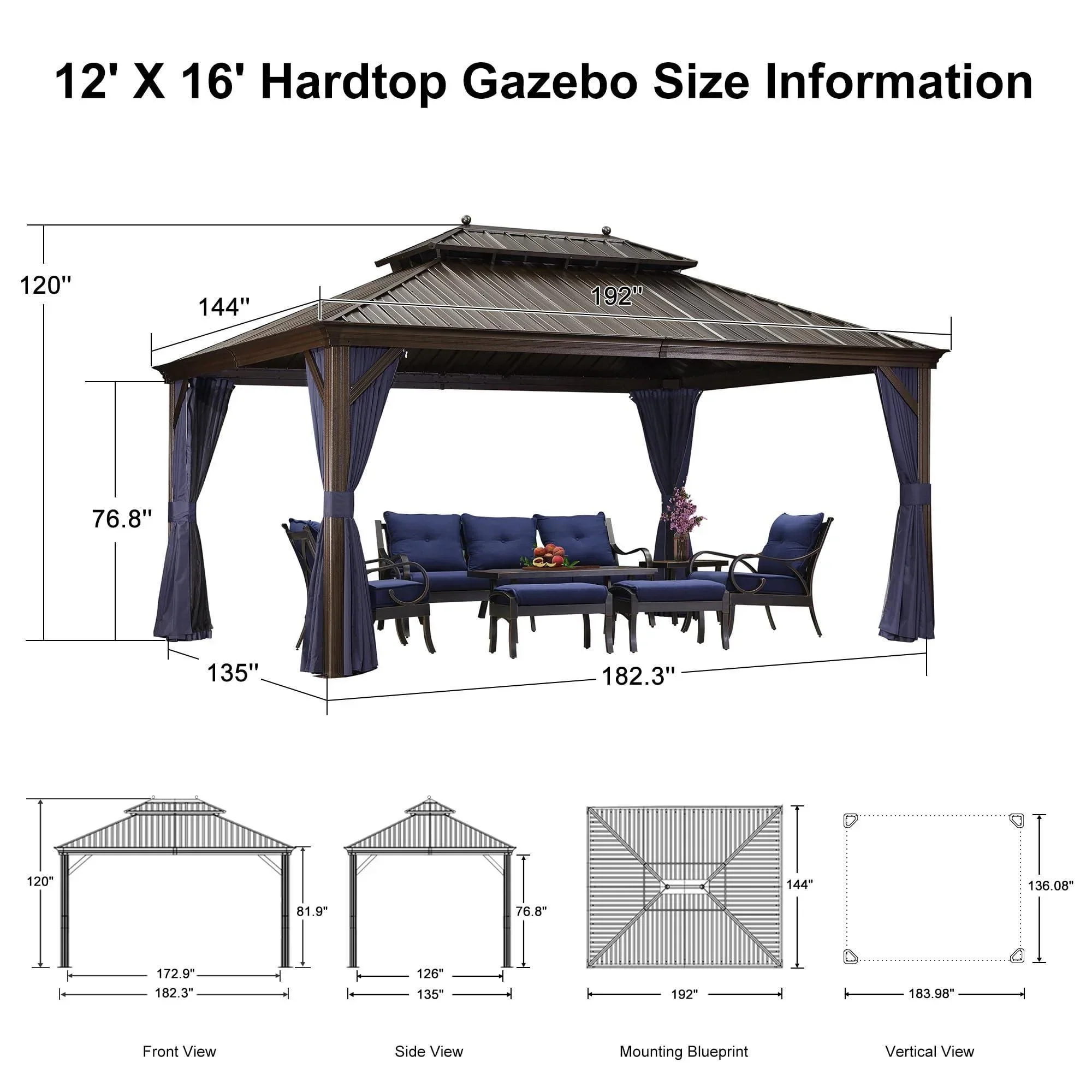 PURPLE LEAF Outdoor Hardtop Gazebo for Patio Bronze Aluminum Frame Pavilion with Navy-Blue Curtain - Image 81